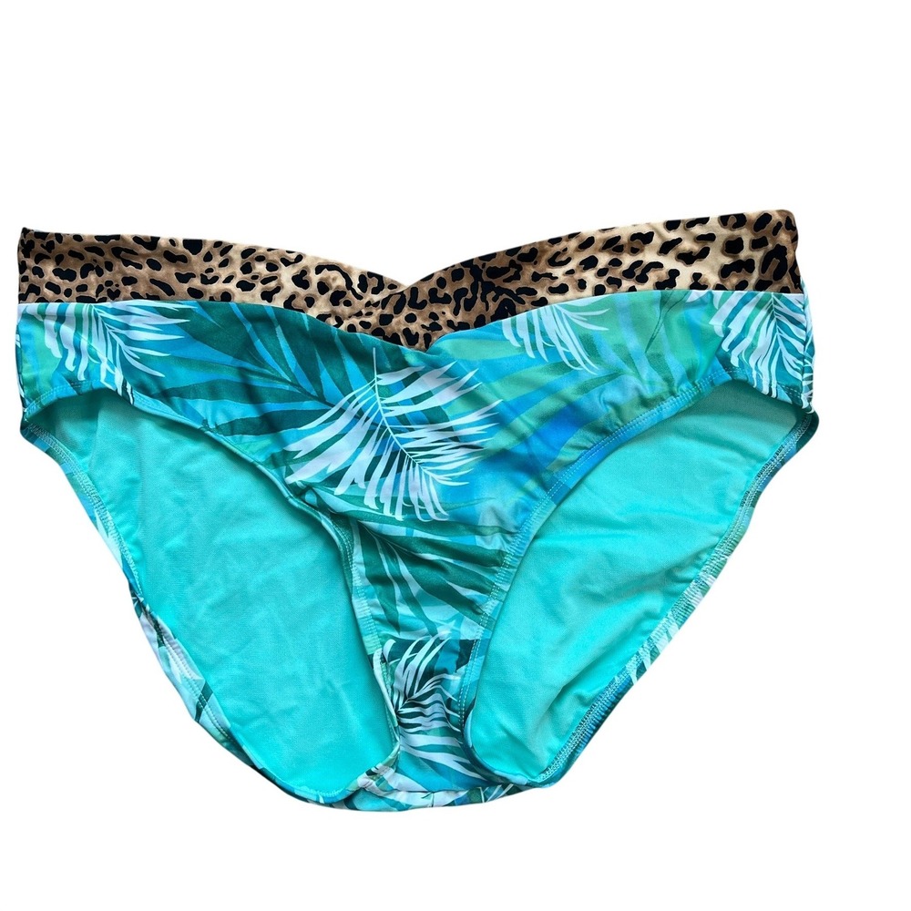 Decree Bikini Bottom Women 1X Blue Tropical Leopard Print Ruched Back NWT